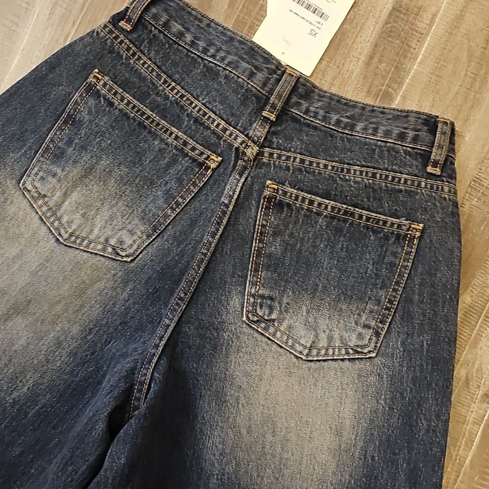 NWT Oak + Fort Jeans Mid-Rise Curved Leg Dark Wash Denim Pants XS Baggy Relaxed - Picture 10 of 11